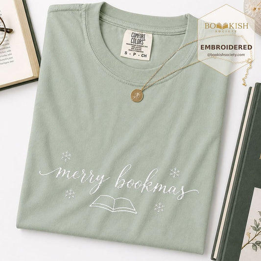 Merry Bookmas Embroidered T-Shirt | Christmas Reader Gift Bay