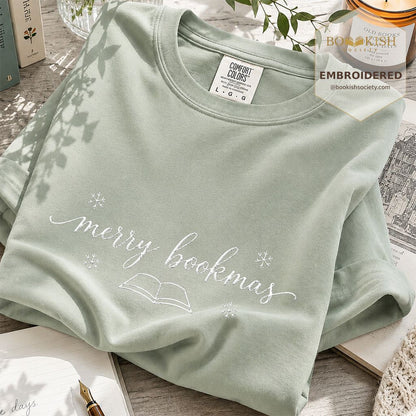 Merry Bookmas Embroidered T-Shirt | Christmas Reader Gift Bay
