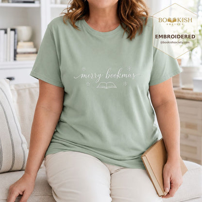 Merry Bookmas Embroidered T-Shirt | Christmas Reader Gift Bay
