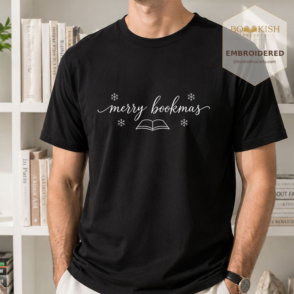 Merry Bookmas Embroidered T-Shirt | Christmas Reader Gift Black