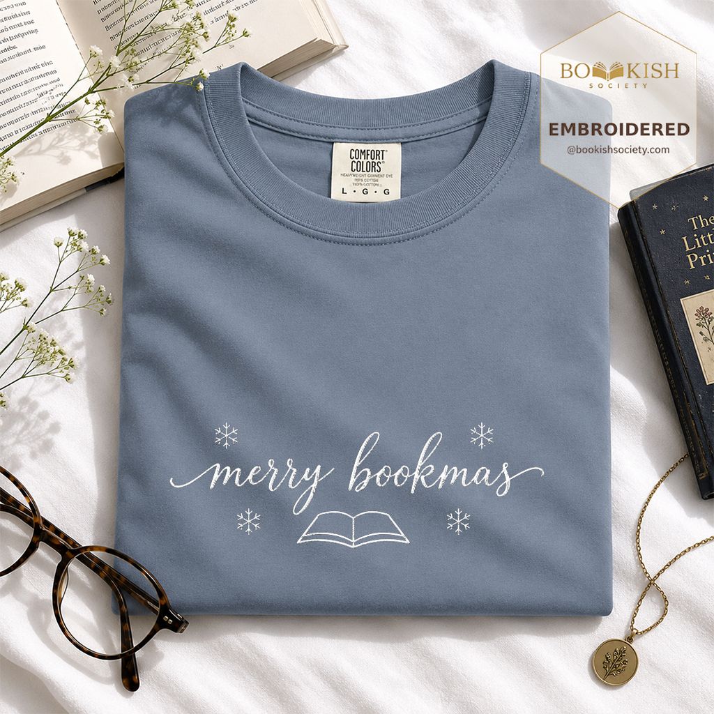 Merry Bookmas Embroidered T-Shirt | Christmas Reader Gift Blue Jean