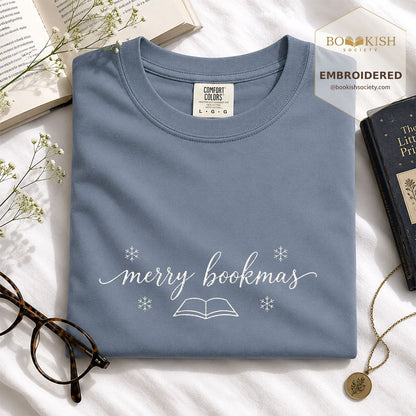 Merry Bookmas Embroidered T-Shirt | Christmas Reader Gift Blue Jean