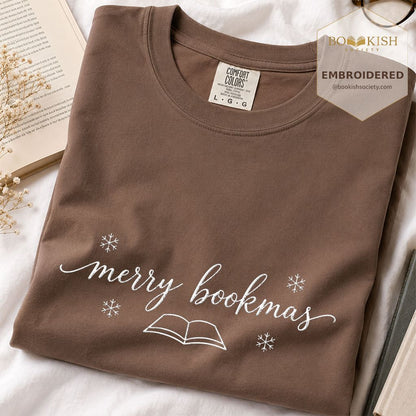 Merry Bookmas Embroidered T-Shirt | Christmas Reader Gift Espresso