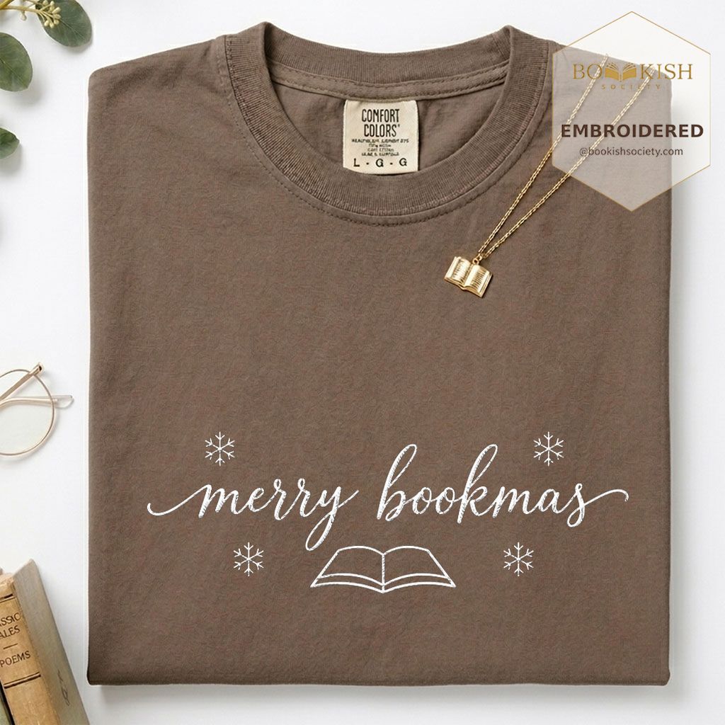 Merry Bookmas Embroidered T-Shirt | Christmas Reader Gift Espresso