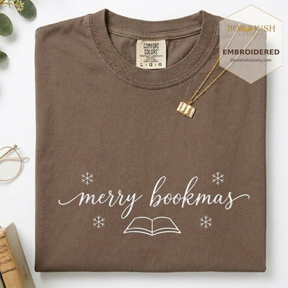 Merry Bookmas Embroidered T-Shirt | Christmas Reader Gift Espresso