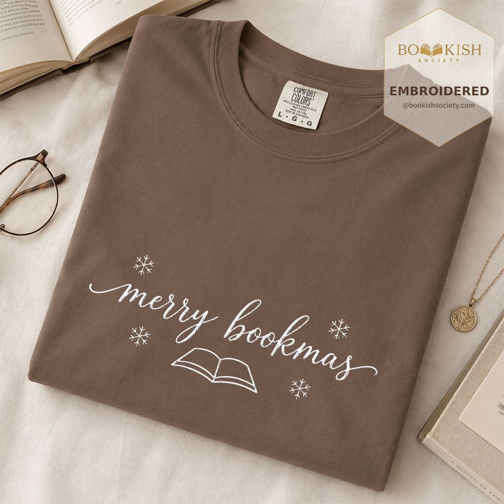 Merry Bookmas Embroidered T-Shirt | Christmas Reader Gift Espresso
