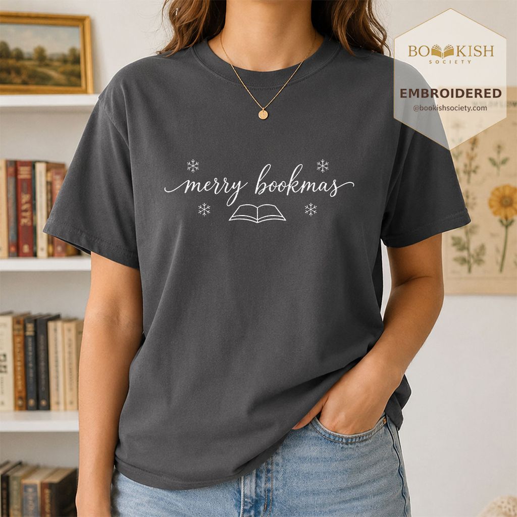 Merry Bookmas Embroidered T-Shirt | Christmas Reader Gift Graphite