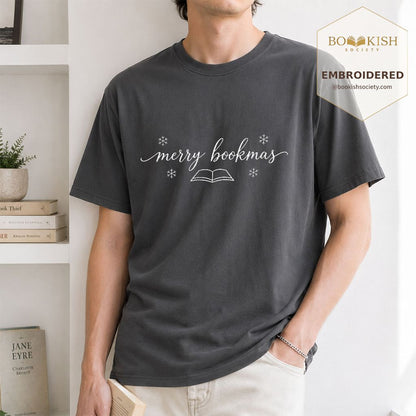 Merry Bookmas Embroidered T-Shirt | Christmas Reader Gift Graphite