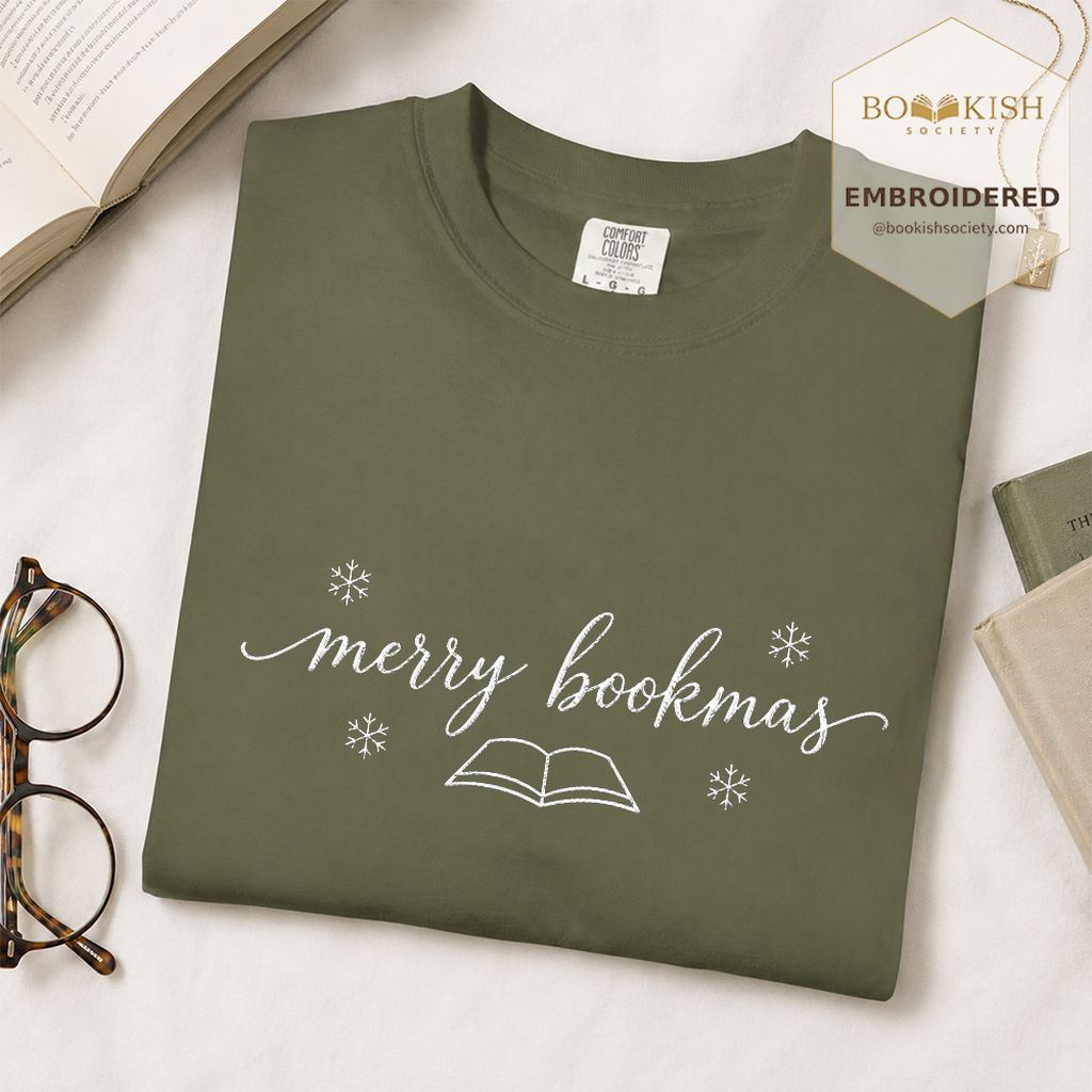 Merry Bookmas Embroidered T-Shirt | Christmas Reader Gift Hemp