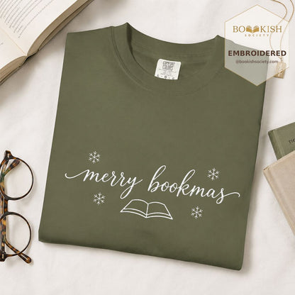 Merry Bookmas Embroidered T-Shirt | Christmas Reader Gift Hemp