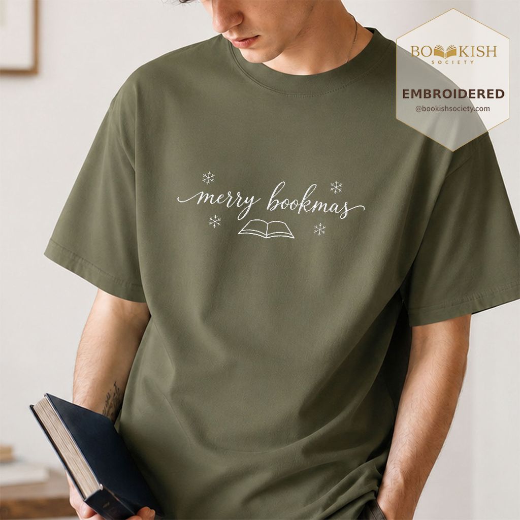 Merry Bookmas Embroidered T-Shirt | Christmas Reader Gift Hemp
