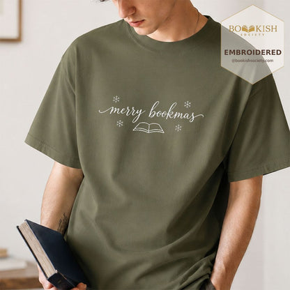 Merry Bookmas Embroidered T-Shirt | Christmas Reader Gift Hemp