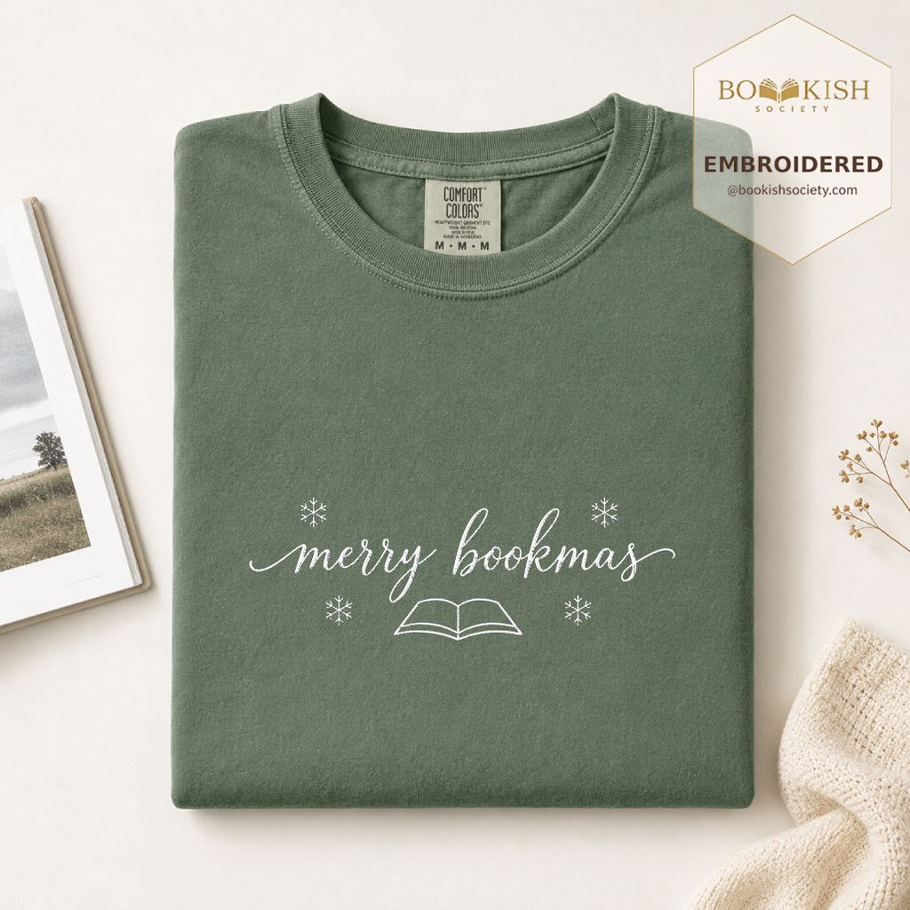 Merry Bookmas Embroidered T-Shirt | Christmas Reader Gift Moss