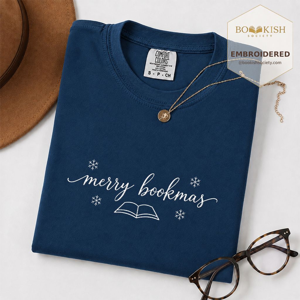 Merry Bookmas Embroidered T-Shirt | Christmas Reader Gift Navy