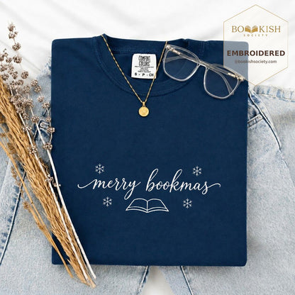 Merry Bookmas Embroidered T-Shirt | Christmas Reader Gift Navy