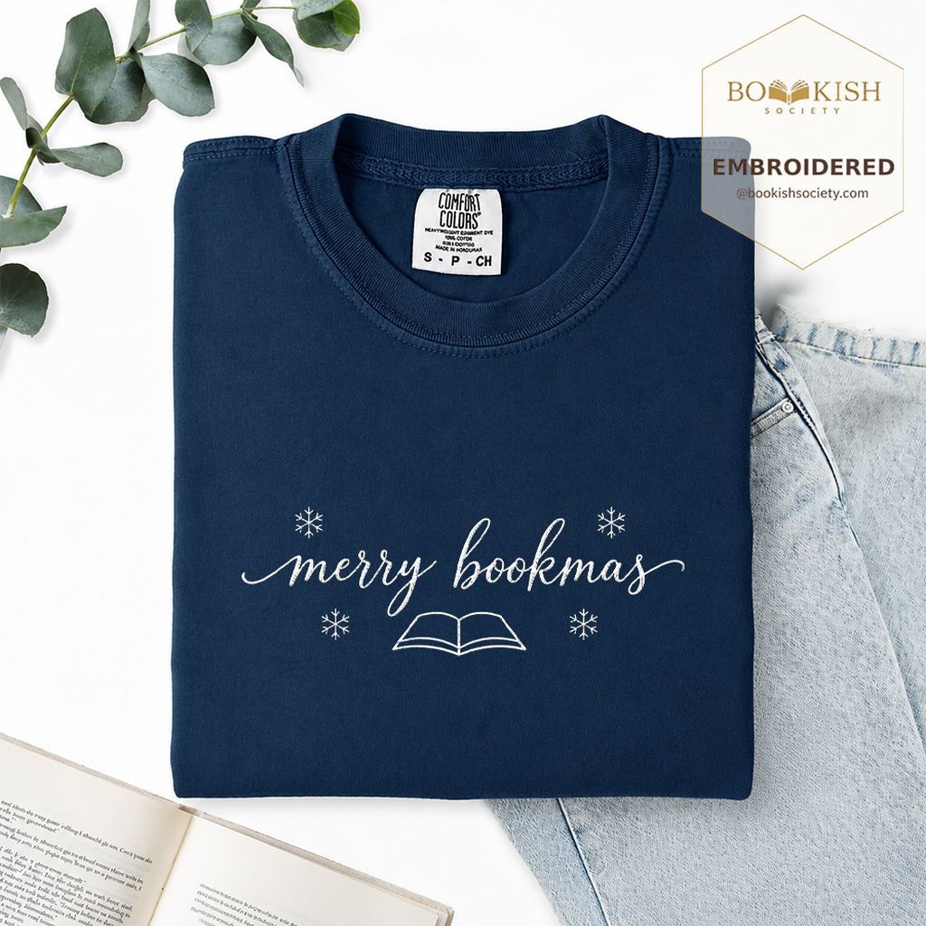 Merry Bookmas Embroidered T-Shirt | Christmas Reader Gift Navy