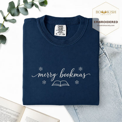 Merry Bookmas Embroidered T-Shirt | Christmas Reader Gift Navy