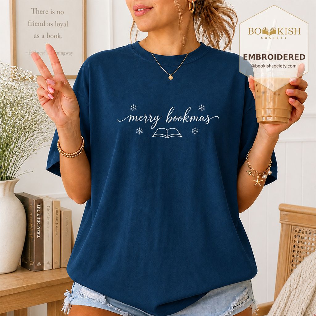 Merry Bookmas Embroidered T-Shirt | Christmas Reader Gift Navy