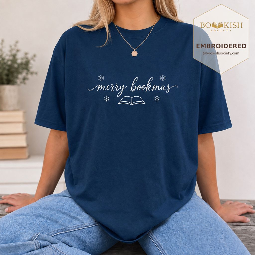 Merry Bookmas Embroidered T-Shirt | Christmas Reader Gift Navy