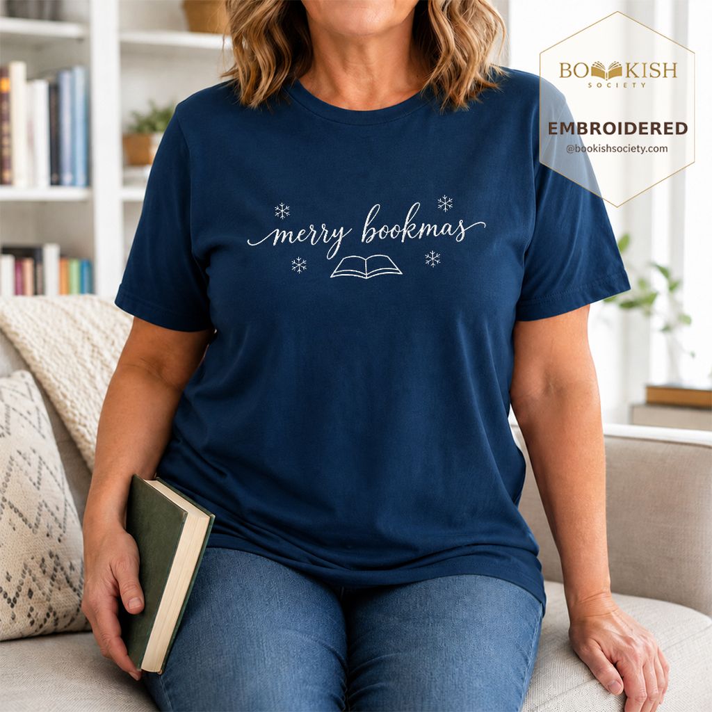 Merry Bookmas Embroidered T-Shirt | Christmas Reader Gift Navy