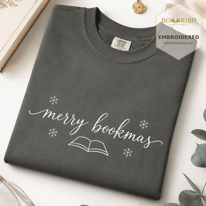 Merry Bookmas Embroidered T-Shirt | Christmas Reader Gift Pepper