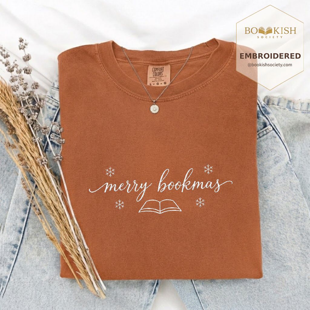 Merry Bookmas Embroidered T-Shirt | Christmas Reader Gift Yam