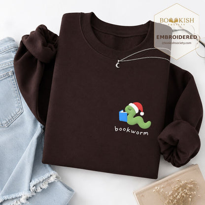 Bookworm Embroidered Sweatshirt | Christmas Reader Gift Dark Chocolate