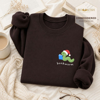 Bookworm Embroidered Sweatshirt | Christmas Reader Gift Dark Chocolate