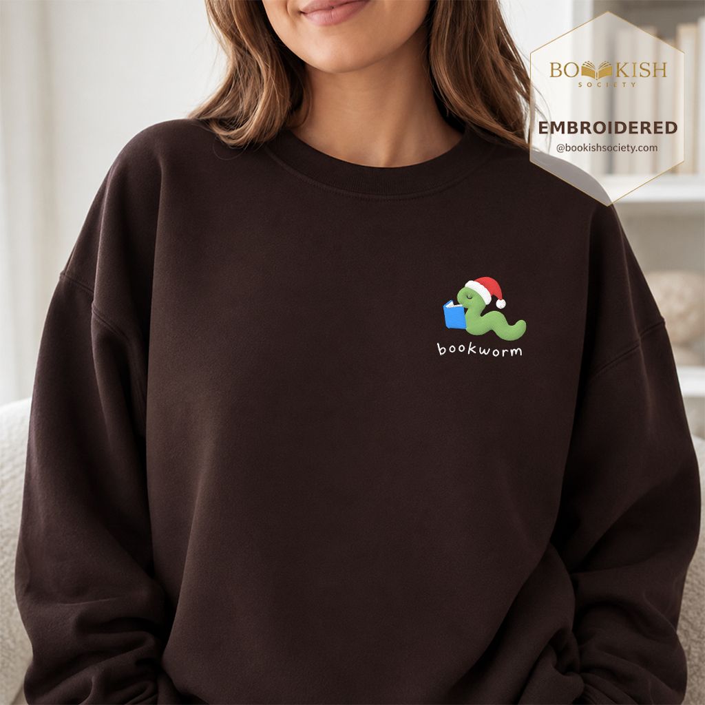 Bookworm Embroidered Sweatshirt | Christmas Reader Gift Dark Chocolate