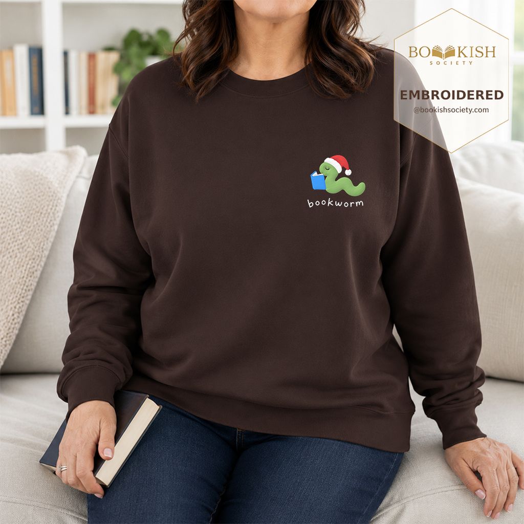 Bookworm Embroidered Sweatshirt | Christmas Reader Gift Dark Chocolate