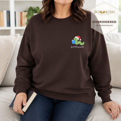 Bookworm Embroidered Sweatshirt | Christmas Reader Gift Dark Chocolate