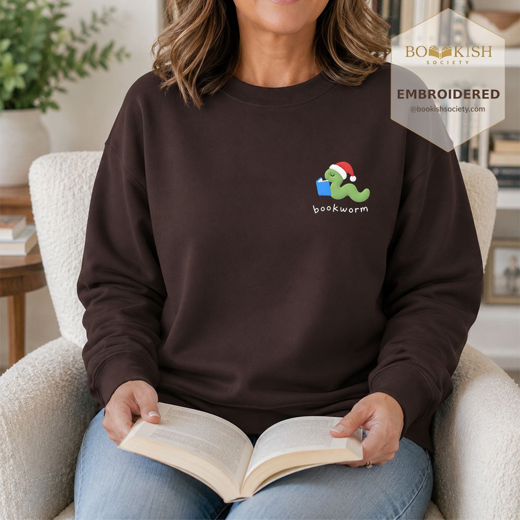 Bookworm Embroidered Sweatshirt | Christmas Reader Gift Dark Chocolate
