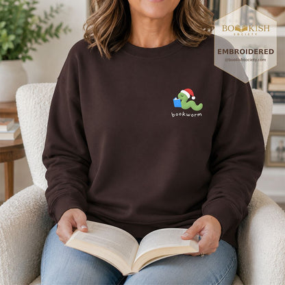 Bookworm Embroidered Sweatshirt | Christmas Reader Gift Dark Chocolate