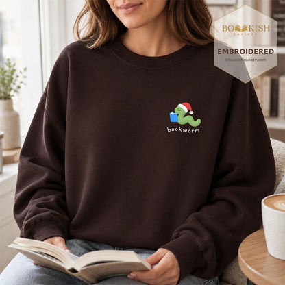 Bookworm Embroidered Sweatshirt | Christmas Reader Gift Dark Chocolate