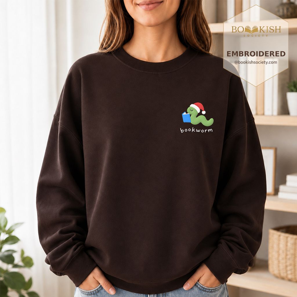 Bookworm Embroidered Sweatshirt | Christmas Reader Gift Dark Chocolate