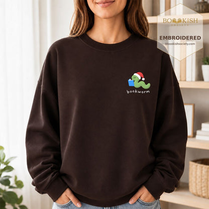 Bookworm Embroidered Sweatshirt | Christmas Reader Gift Dark Chocolate
