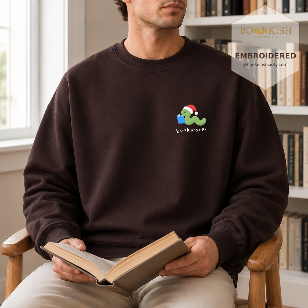 Bookworm Embroidered Sweatshirt | Christmas Reader Gift Dark Chocolate