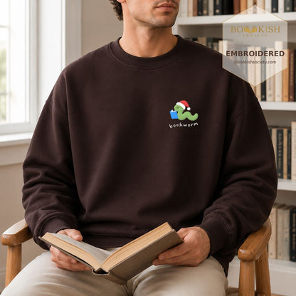 Bookworm Embroidered Sweatshirt | Christmas Reader Gift Dark Chocolate