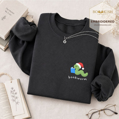 Bookworm Embroidered Sweatshirt | Christmas Reader Gift Dark Heather