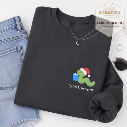 Bookworm Embroidered Sweatshirt | Christmas Reader Gift Dark Heather