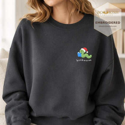 Bookworm Embroidered Sweatshirt | Christmas Reader Gift Dark Heather