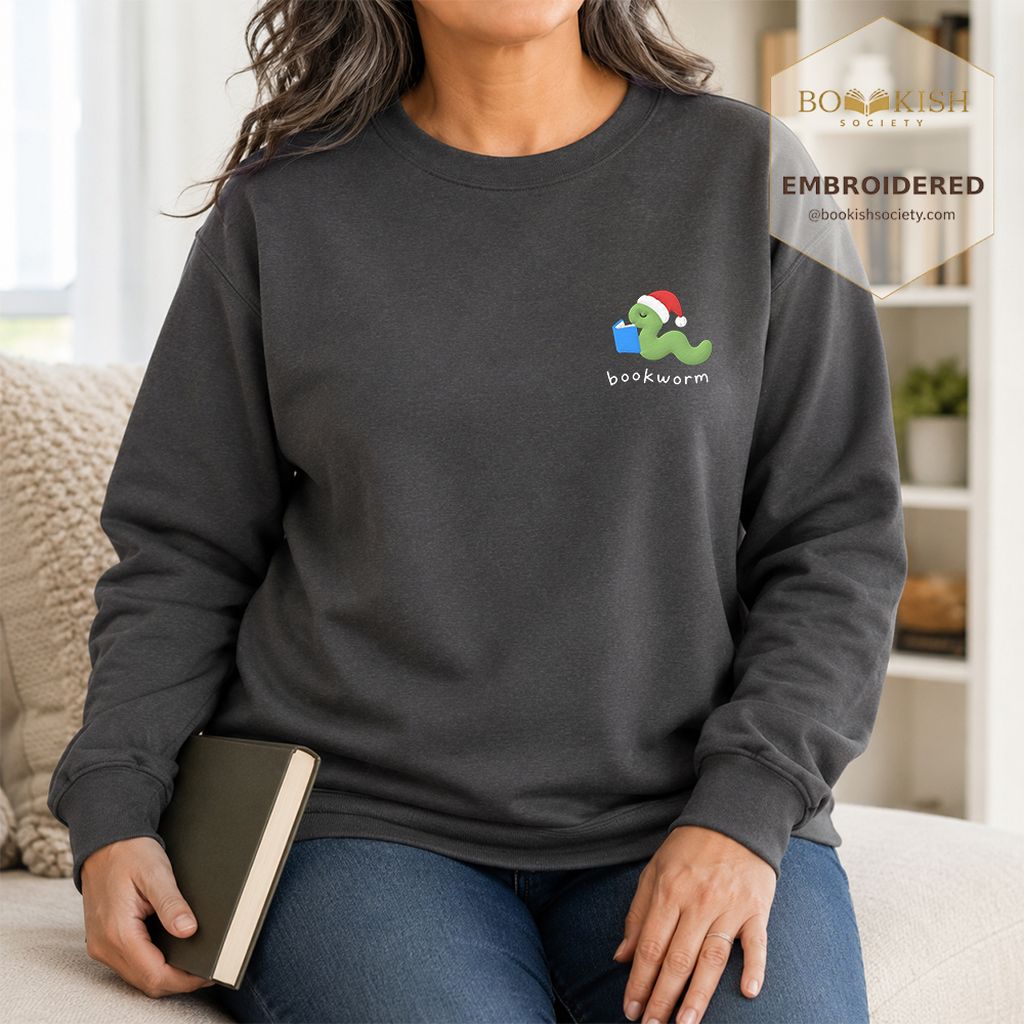 Bookworm Embroidered Sweatshirt | Christmas Reader Gift Dark Heather