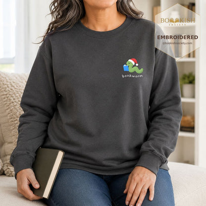 Bookworm Embroidered Sweatshirt | Christmas Reader Gift Dark Heather