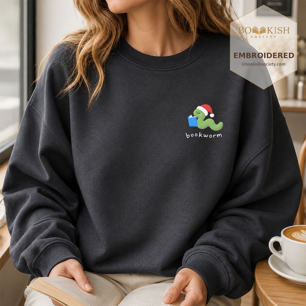 Bookworm Embroidered Sweatshirt | Christmas Reader Gift Dark Heather