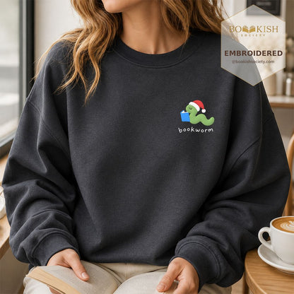 Bookworm Embroidered Sweatshirt | Christmas Reader Gift Dark Heather
