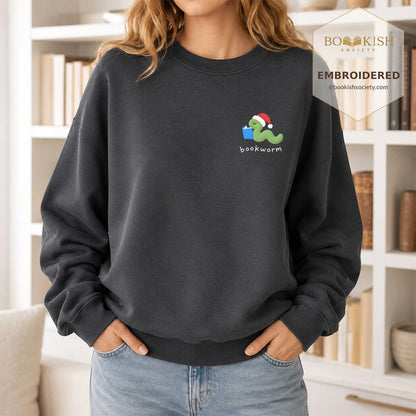 Bookworm Embroidered Sweatshirt | Christmas Reader Gift Dark Heather