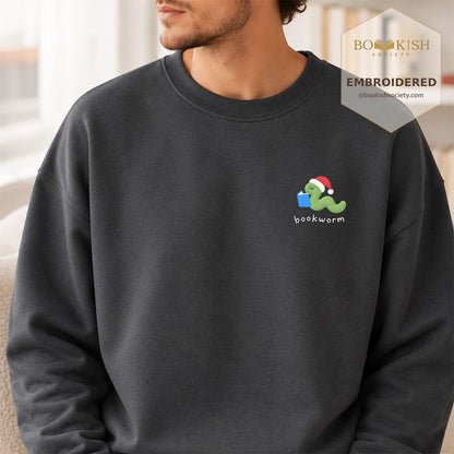Bookworm Embroidered Sweatshirt | Christmas Reader Gift Dark Heather