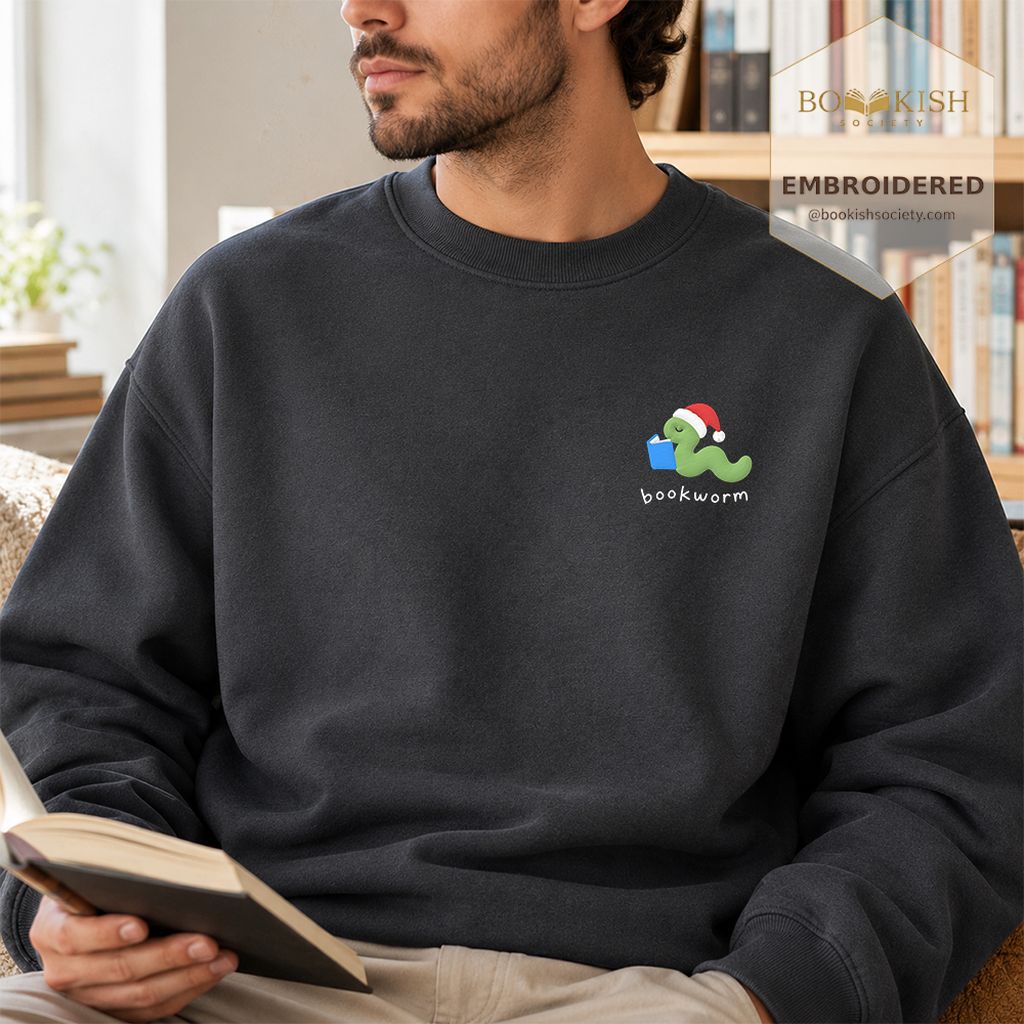 Bookworm Embroidered Sweatshirt | Christmas Reader Gift Dark Heather