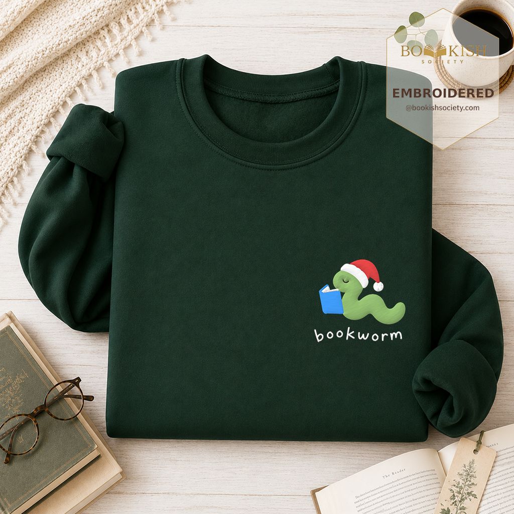 Bookworm Embroidered Sweatshirt | Christmas Reader Gift Forest Green