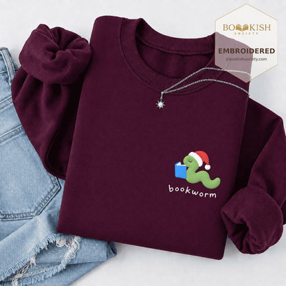 Bookworm Embroidered Sweatshirt | Christmas Reader Gift Maroon